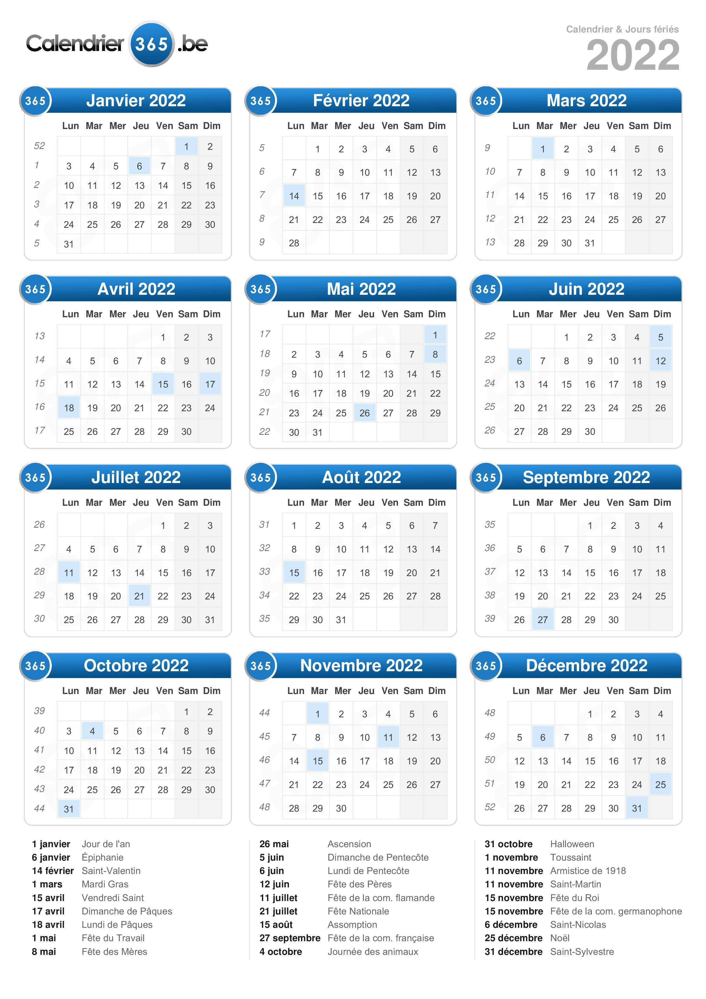 Calendrier 2022 avec vacances scolaires et jours fériés à imprimer