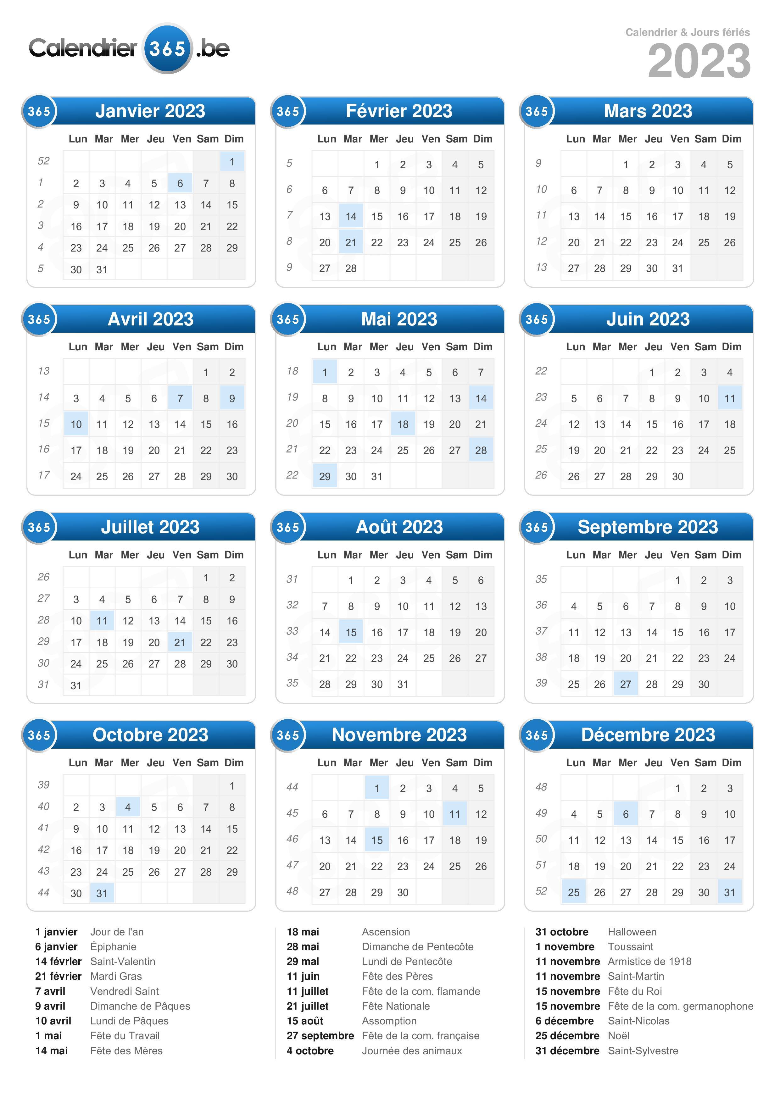 Calendrier 2023 avec vacances scolaires et jours fériés à imprimer