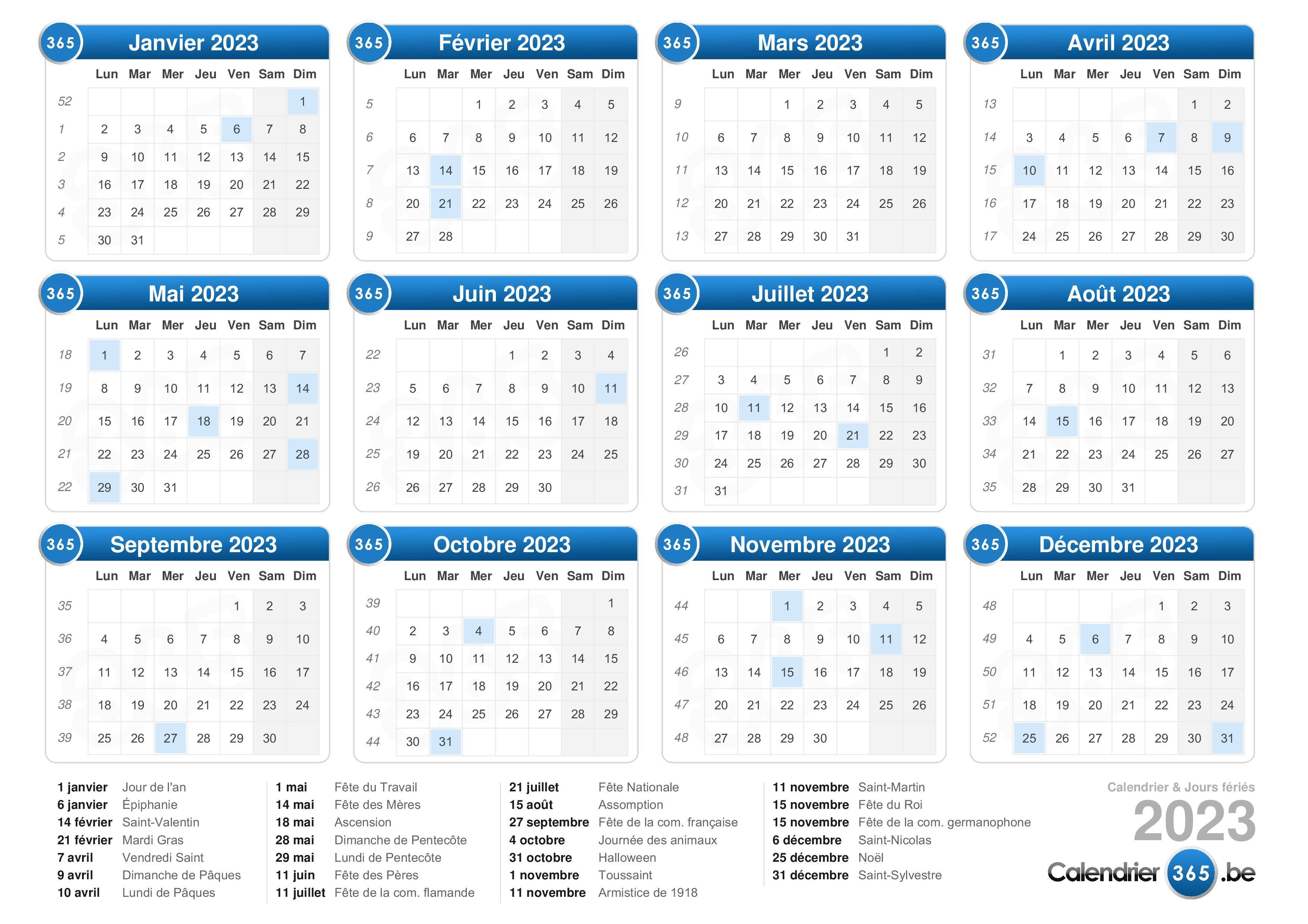 Calendrier 2023 avec vacances scolaires et jours fériés à imprimer