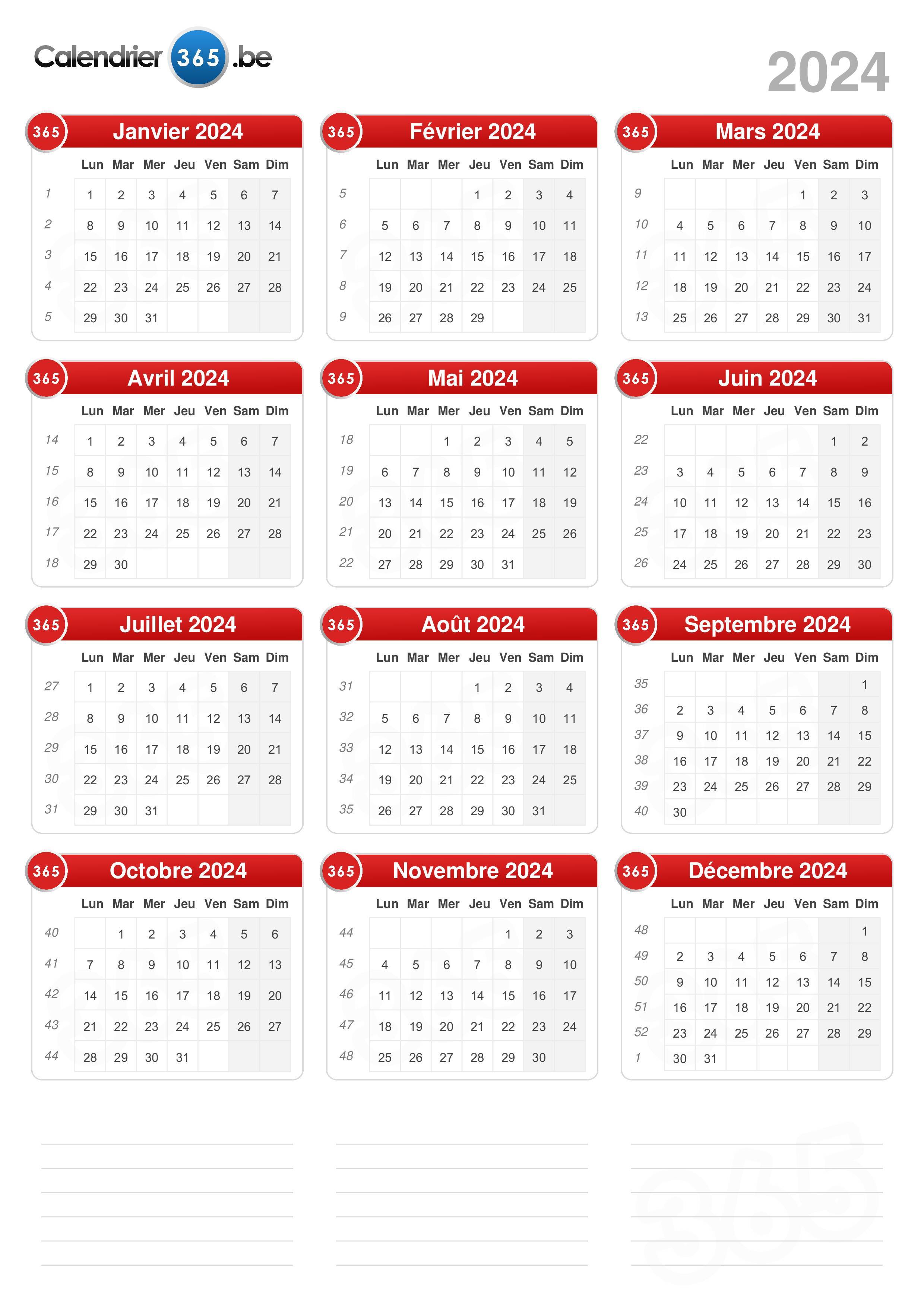 Calendrier 2024 à imprimer annuel avec les fêtes et les vacances scolaires