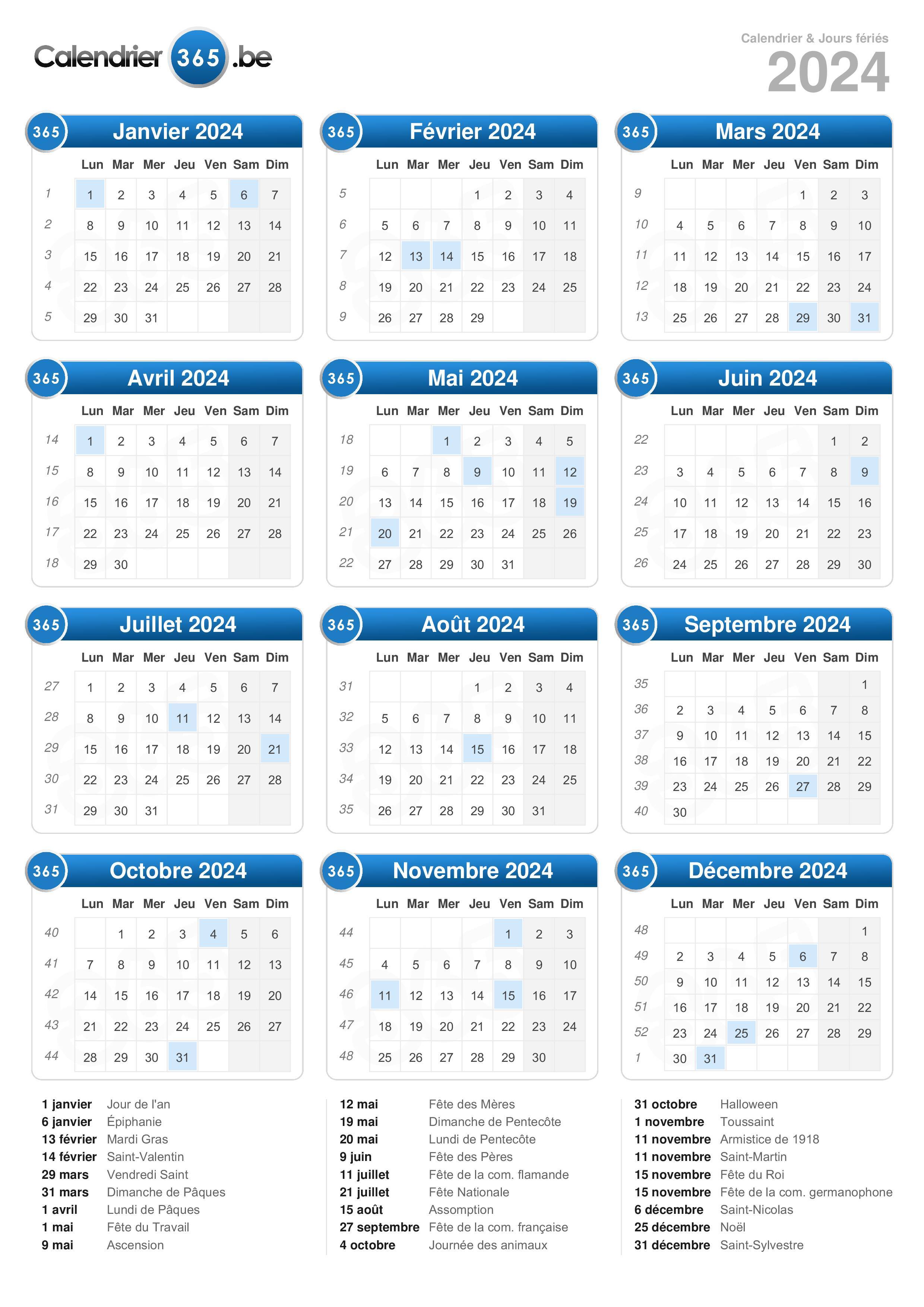 Calendrier 2024 avec jours fériés et dates utiles à imprimer