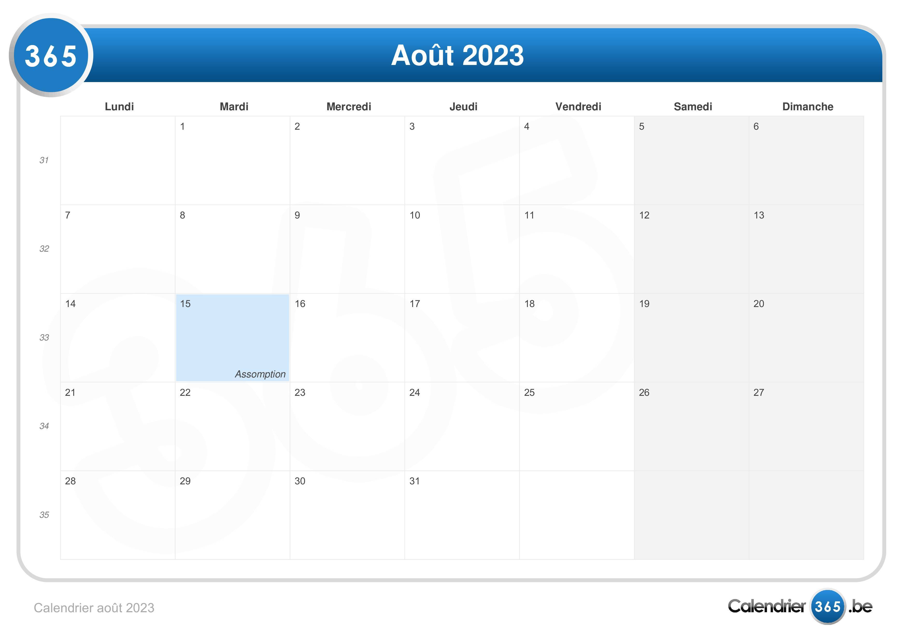 Calendrier Aout 2023 à Imprimer Pdf Calendrier août 2023