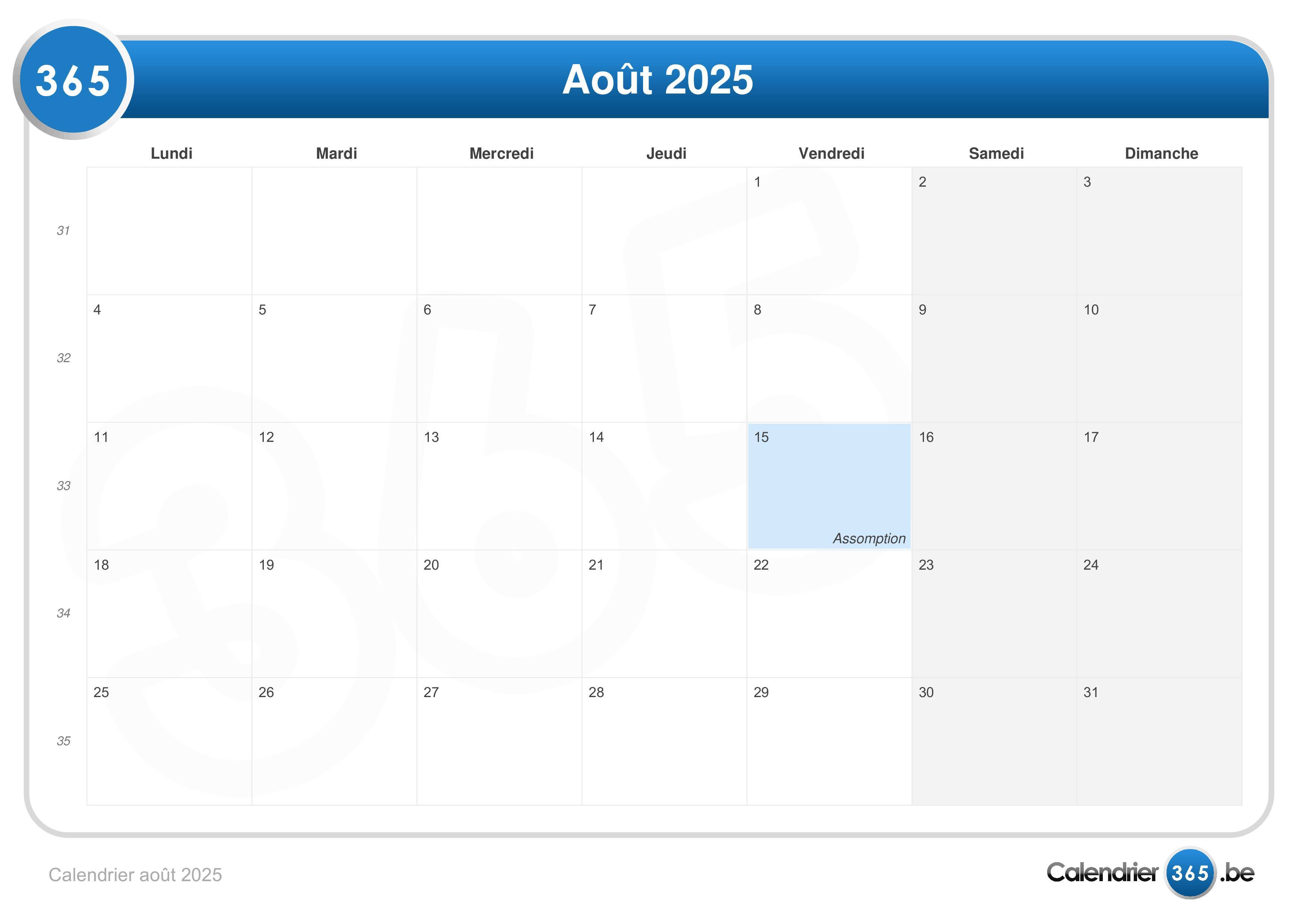Calendrier août 2025