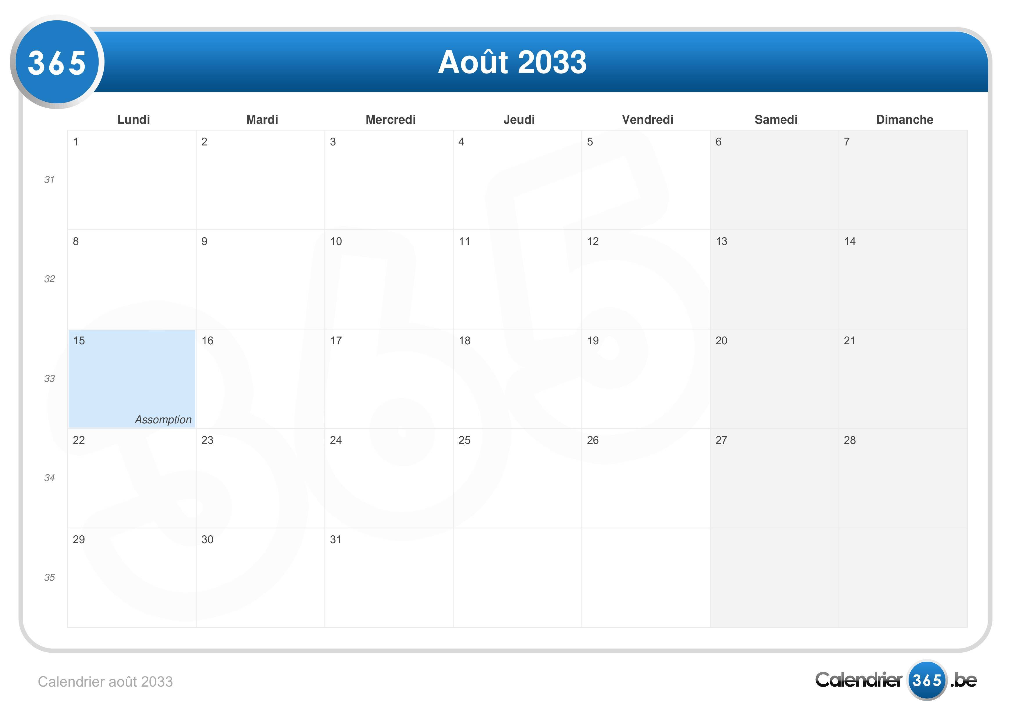 Calendrier août 2033