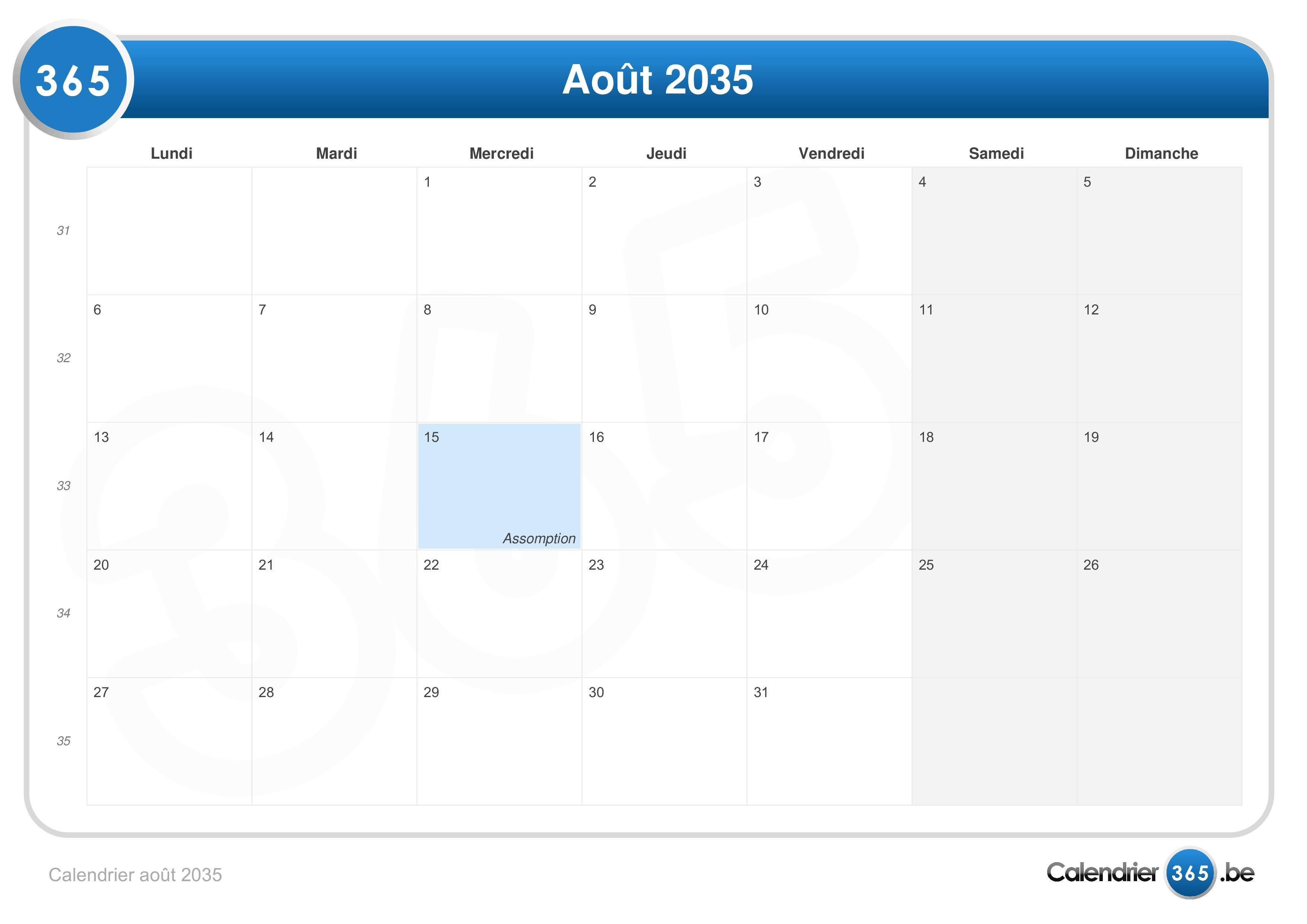 Calendrier août 2035