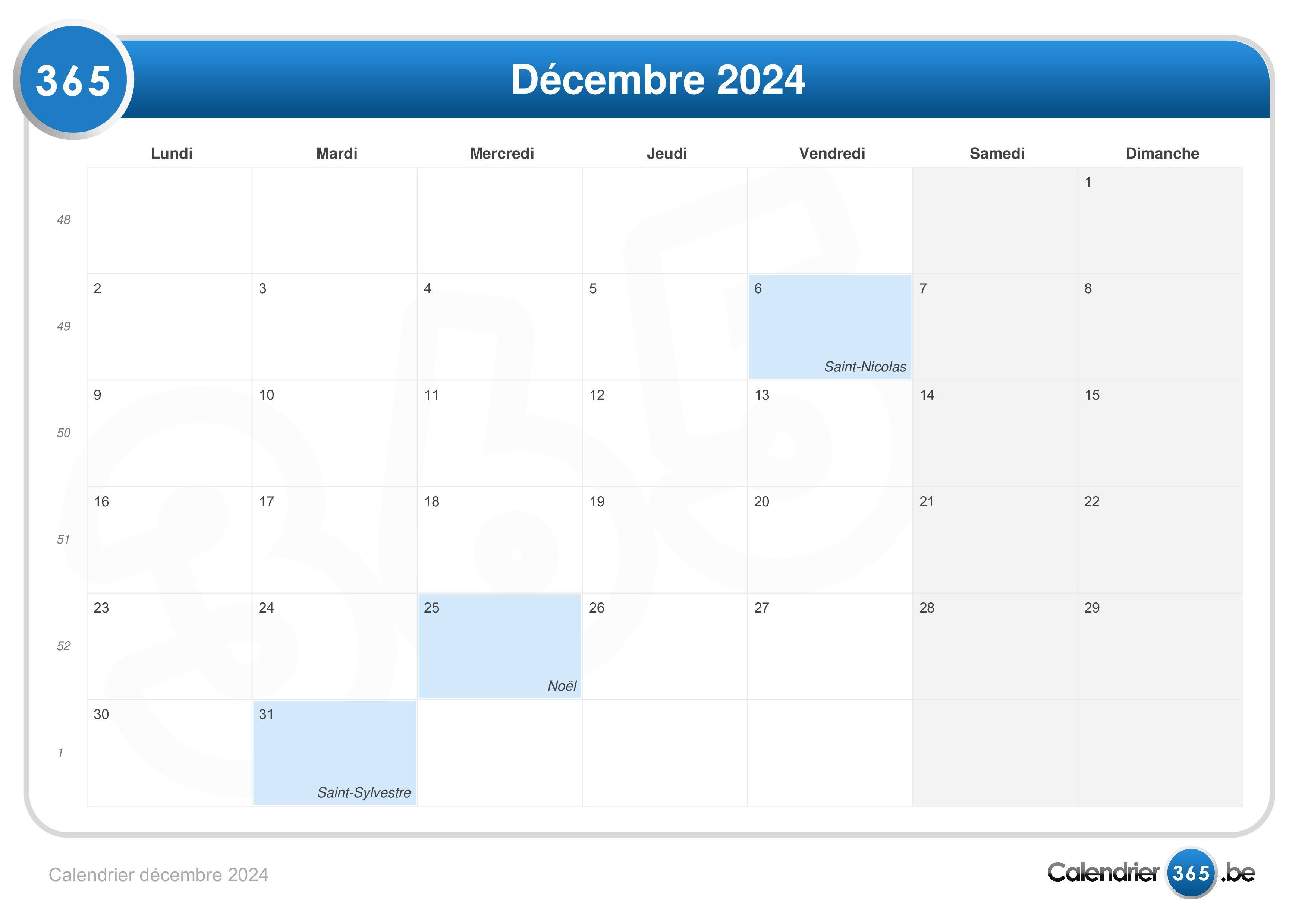 Calendrier décembre 2024