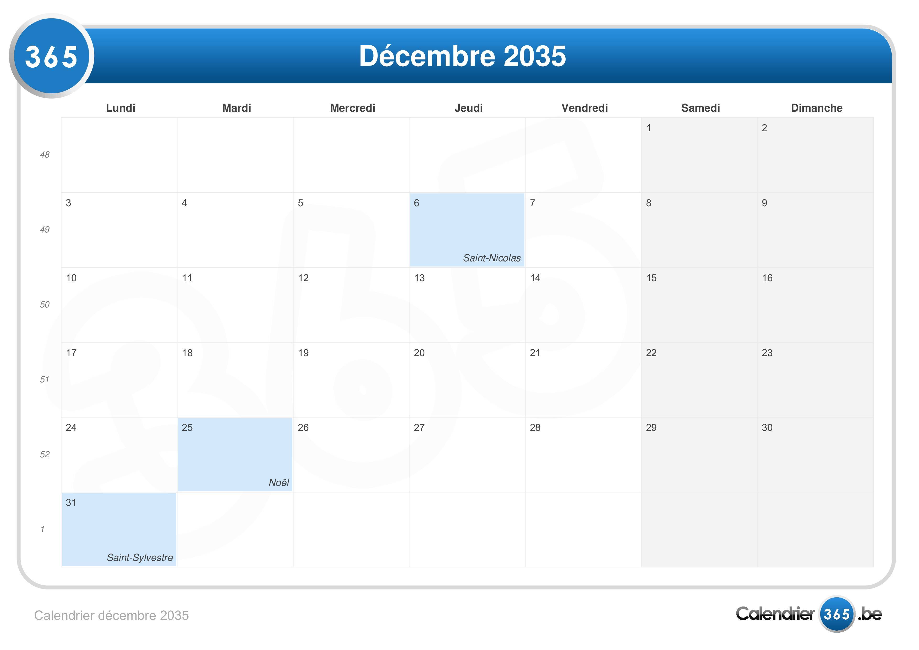 Calendrier décembre 2035