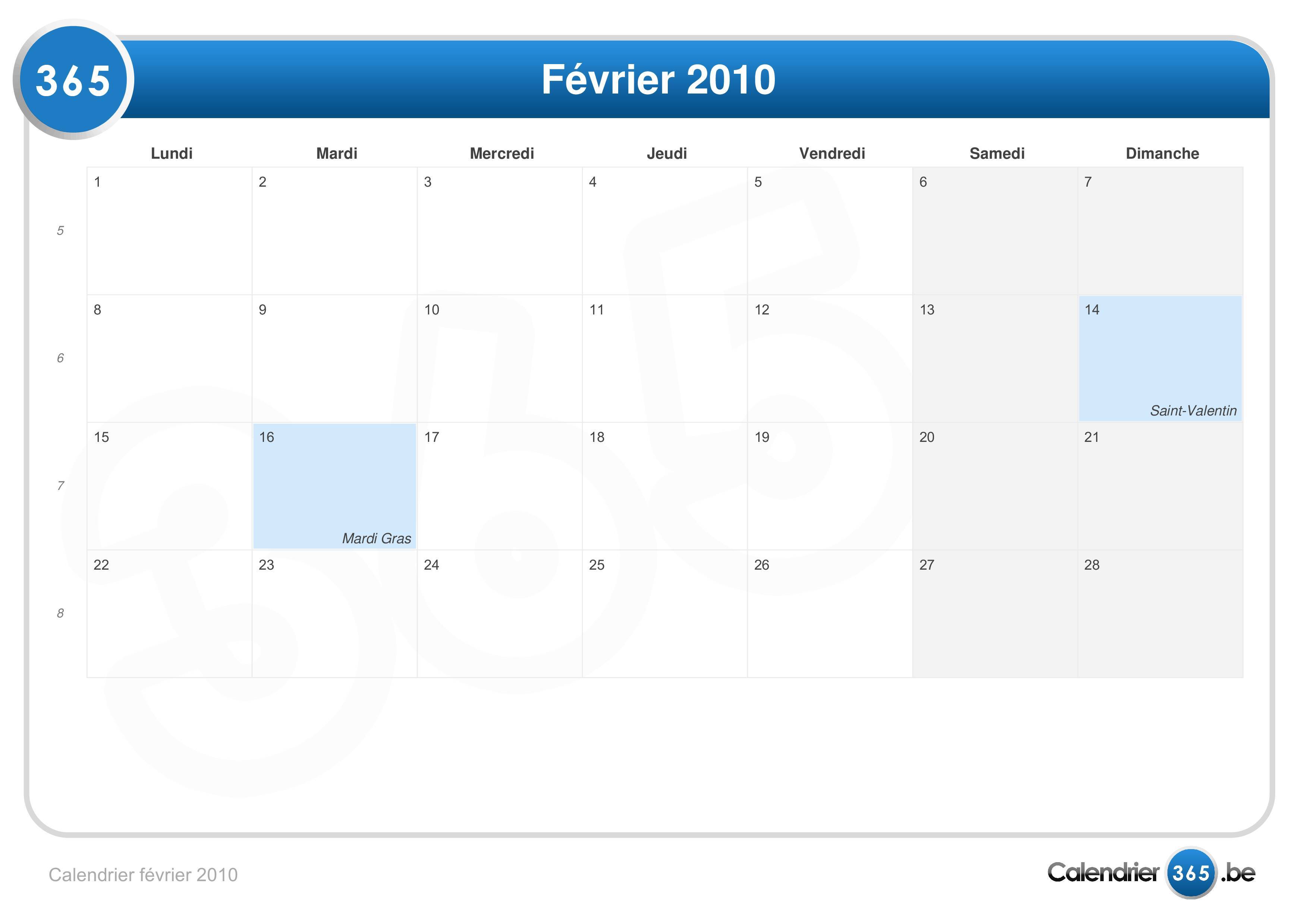 Calendrier février 2010