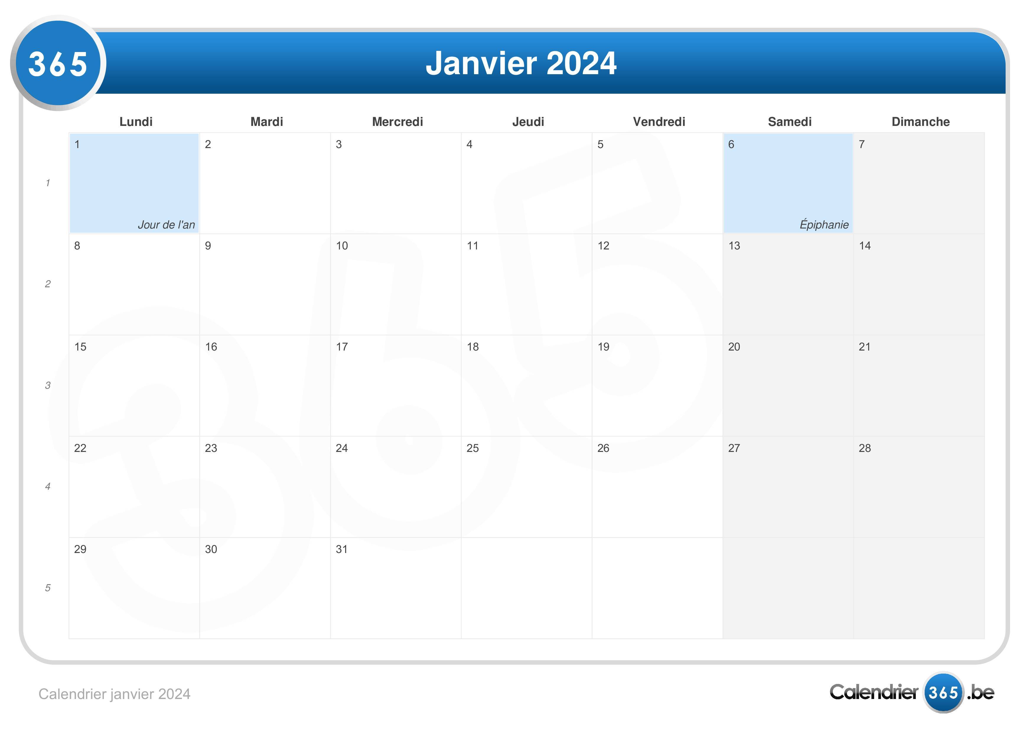 calendrier janvier 2024