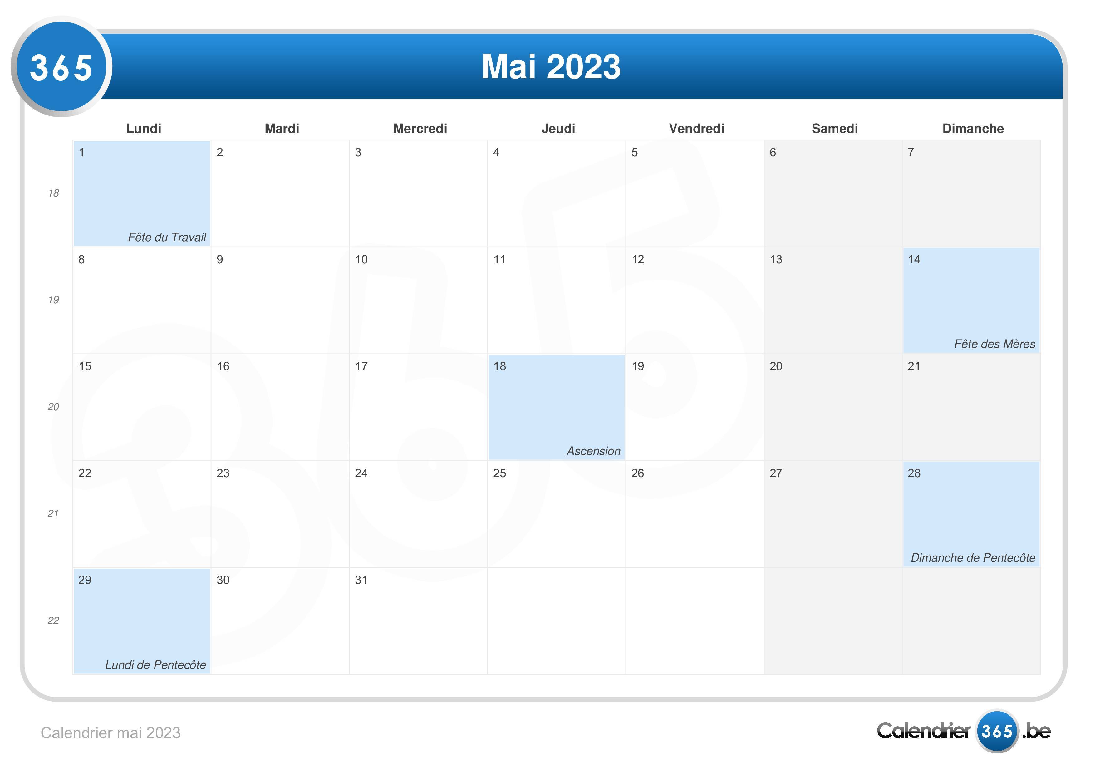 Calendrier Mai 2023