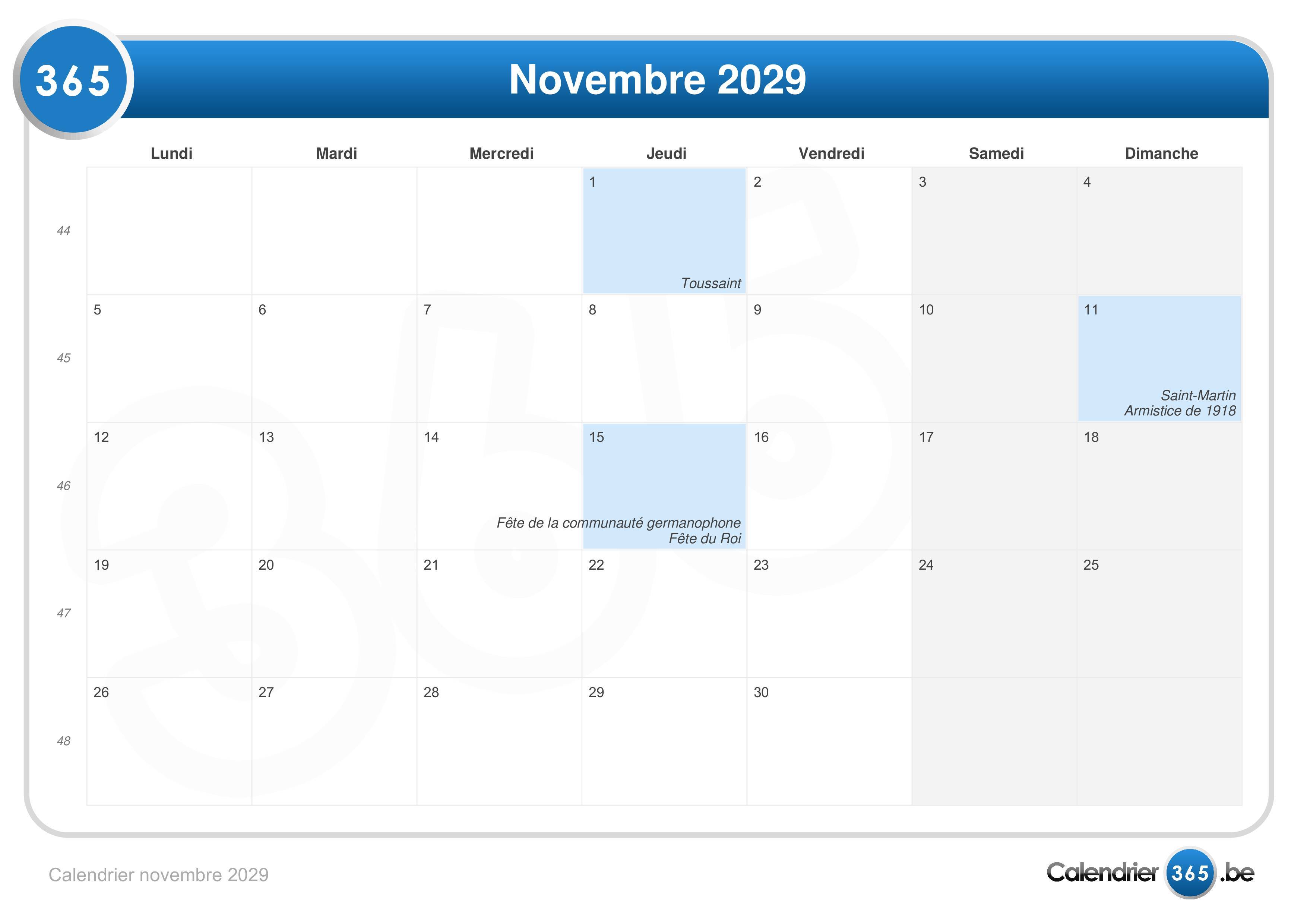  Calendrier  novembre  2029